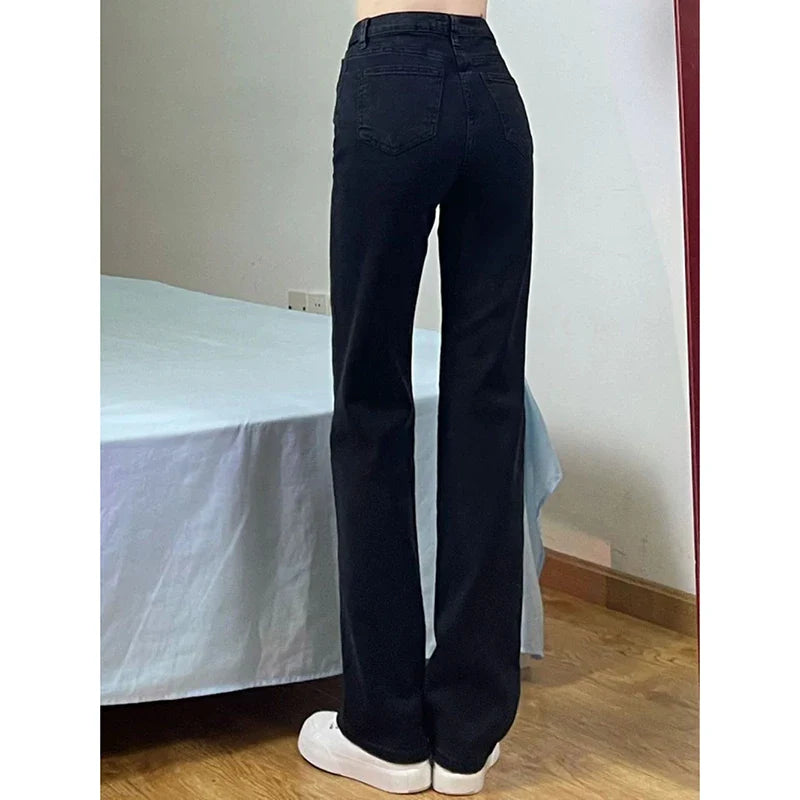 Women Straight Leg Elastic Jeans Pants Lady Comfortable High Waisted Denim Pants Girls Classic Designer Jeans Trousers