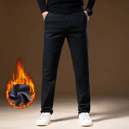 Korean Business Casual Fleece Men Pants Winter Thickened Straight Thermal Casual Pants Male Fashion Stretch Warm Velvet Trousers