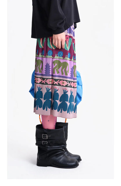 A-line Skirt 2026 Spring New Elastic Waist Colorful Floral Print Pleated Commuter Retro Style Skirt For Women 3ELC20607