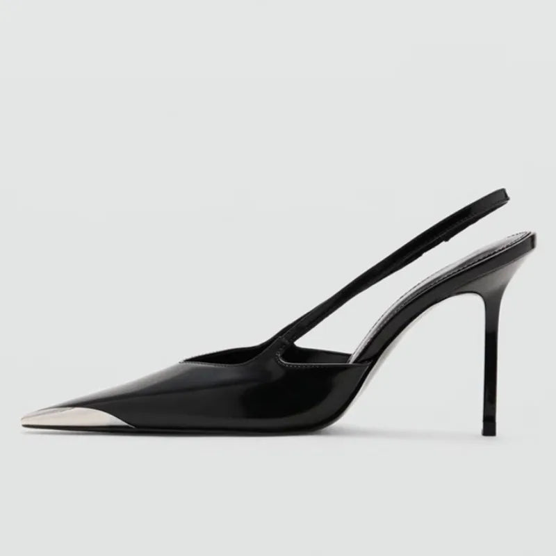 Novelty Metal Pointed Toe High Heels Women 2026 New Elegant Slingback Heeled Sandals Sexy Black Patent Leather Designer Shoes