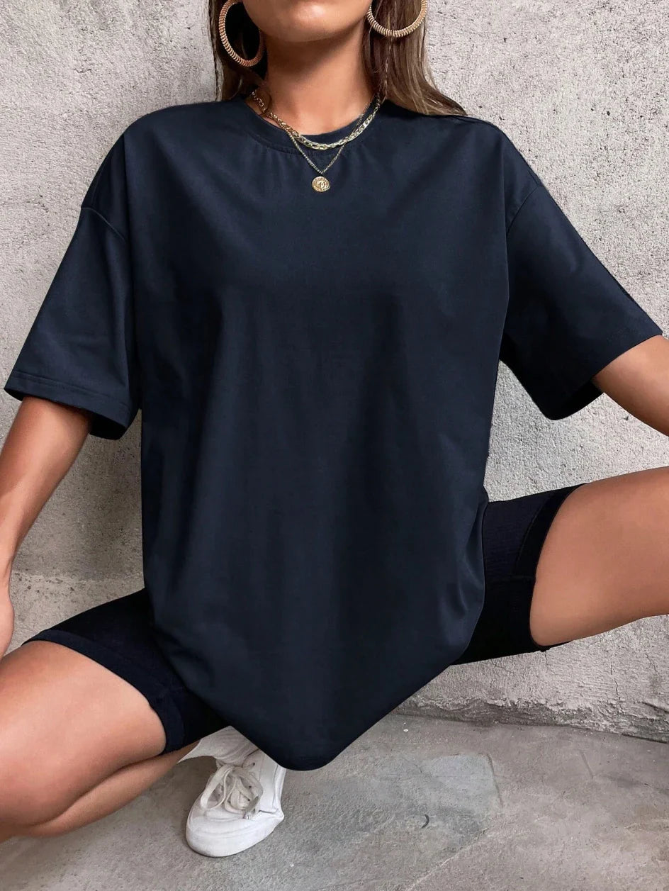 Camiseta Feminina de Manga Curta Cor Sólida para Fitness, Algodão Macio, Respirável, Roupas Confortáveis, Básica, Versátil, Solta