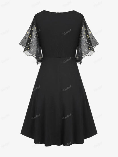 Plus Size Stars Print Buckle Button Pockets Ruched Butterfly Sleeves Dress Deep Blue Women Casual Square Collar Dresses