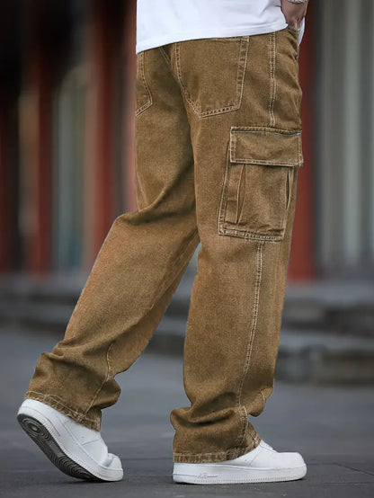 Men's Deep Blue Washed Denim Workwear Jeans Casual Multiple Pockets Design Loose Wide Leg Trousers Y2K Style Cargo Pants