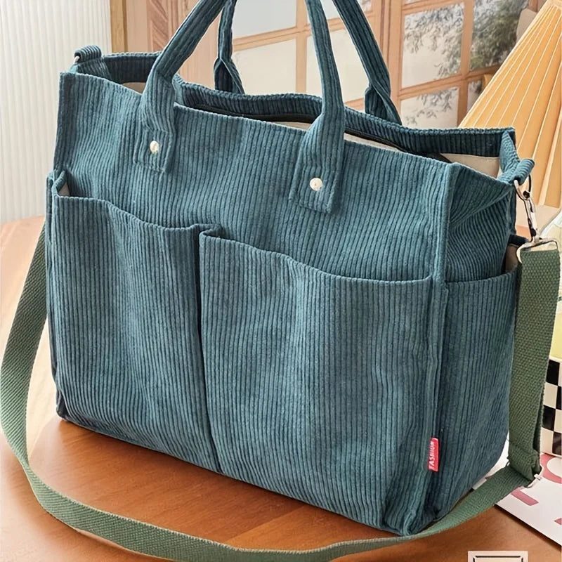 Corduroy Crossbody Tote Bag Stylish Commuter Shoulder Bag with Multiple Spacious Pockets Handbag For Women