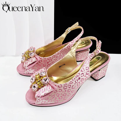2025 Shiny Italian Fashion Pointed Toe Women Heel Fashion Rhinestone Decoration Pink Color Shoes And Bag Set