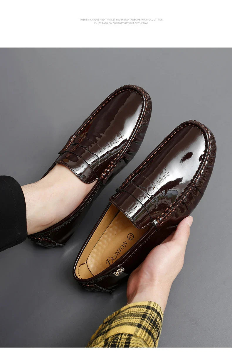 Patent Leather Beanie Shoes Men's New Spring and Summer Large Size Patent Leather Casual British Leather Shoes Women's Slip-On Lazy Casual Shoes Handmade Shoes