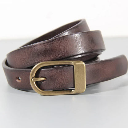 Retro Narrow Cowhide Women's Belt Pure Copper Button Top Cowhide All-match Casual Jeans Belt High Quality Luxury Women Belt