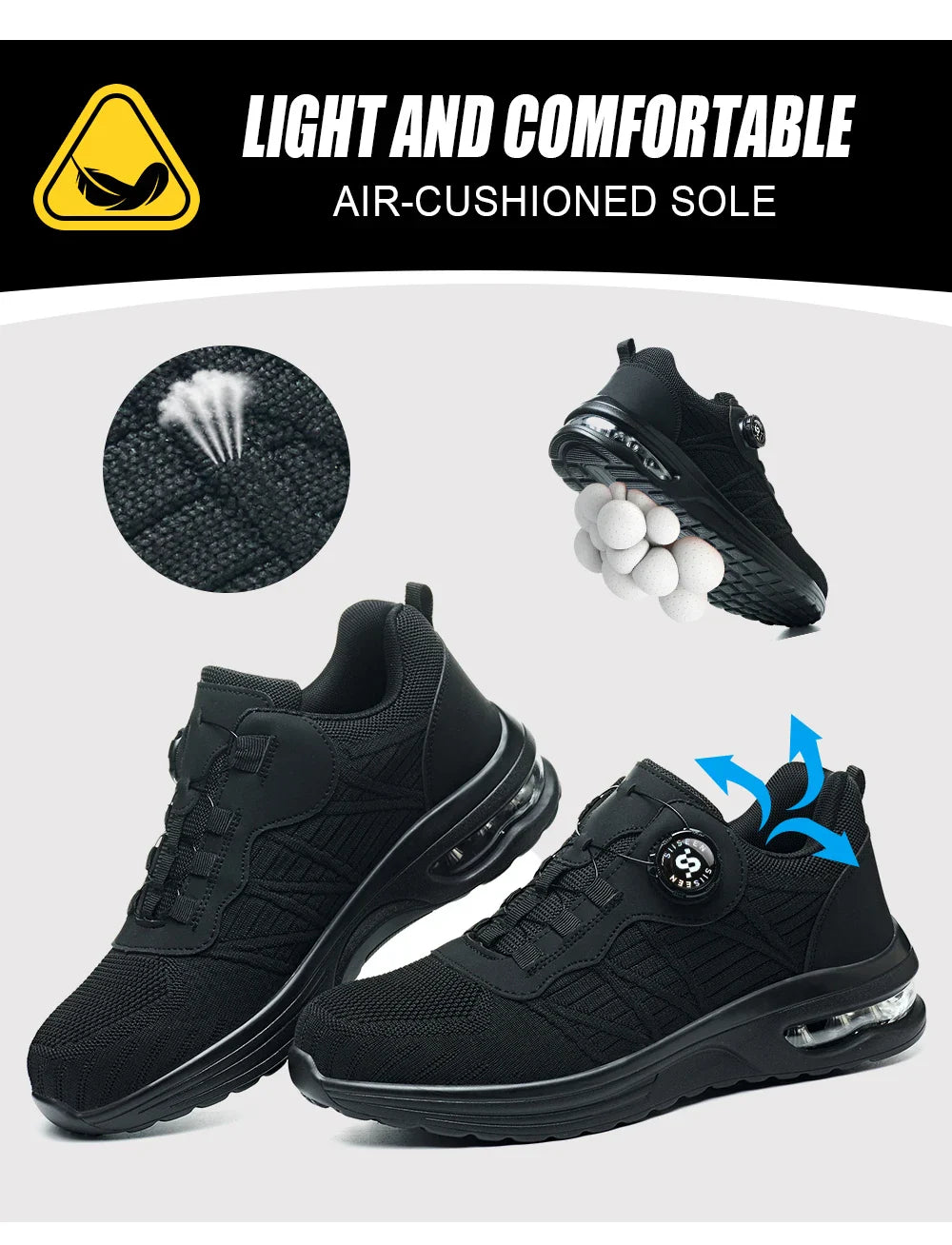 Men's Safety Shoes Steel Toe Anti- Crush Puncture Resistant Kevlar Pure Black Button Air Cushion Lightweight Work Shoes