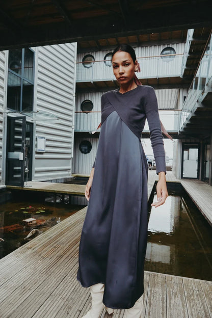 elegance slip satin dress + knitting cross top +mockneck woman clothing set adjustable maxi floor length