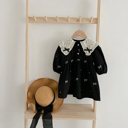 Outono 0-6 anos Vestido de Princesa para Meninas Roupas de Bebê Menina Gola Borboleta Roupas de Bebê Menina Peça Única Vestido Infantil Bordado