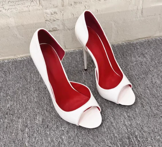 New black patent leather and red lining 12cm sexy fish mouth shoes, shallow mouth super high heels, plus size shoes 33-46
