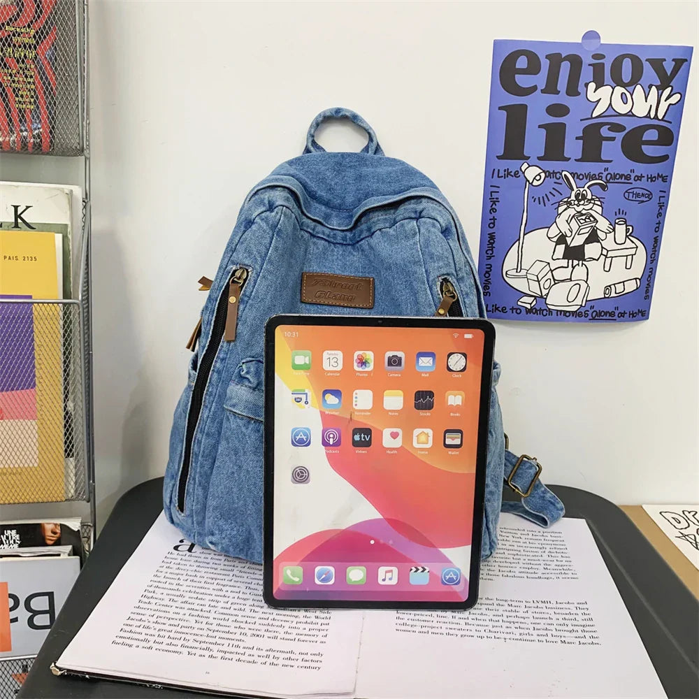Fashion Backpacks for School Trend Student Jeans Bag Multi Pockets Large Capacity Rucksack Mochila De Escola Feminina 2023