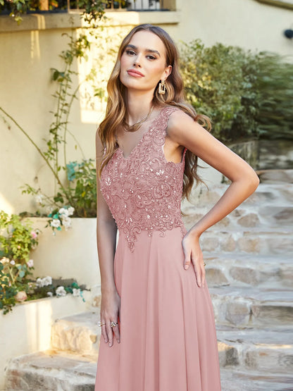 Vestido de festa de casamento em azul marinho com chiffon, renda, bordado, decote em V, cristal, sem mangas, elegante, formal, para madrinha de casamento