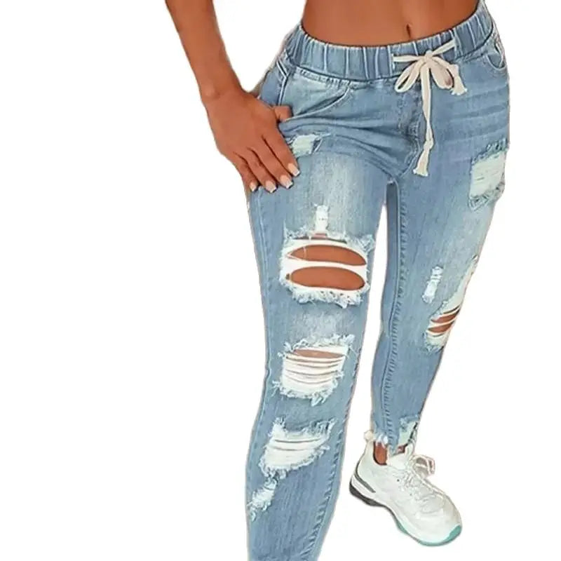 Women Elastic Waist Drawstring Pencil Denim Jeans