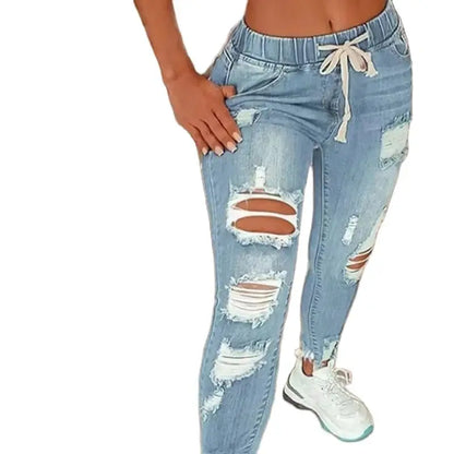 Women Elastic Waist Drawstring Pencil Denim Jeans