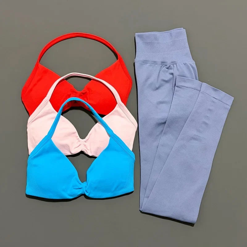 2 Piece Sports Set Women Yoga Backless Halter Bra High Waist Scrunch Seamless Pants Sport Suit Gym Sportswear Workout Set