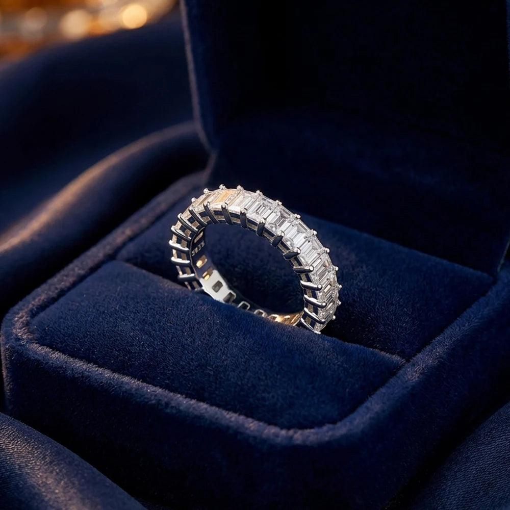 Emerald Cut Moissanite Eternity Ring 925 Sterling Silver Wedding Band D VVS Lab Grow Created Moissanite Rings for Women