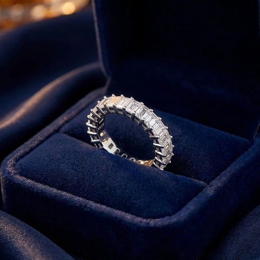 Emerald Cut Moissanite Eternity Ring 925 Sterling Silver Wedding Band D VVS Lab Grow Created Moissanite Rings for Women