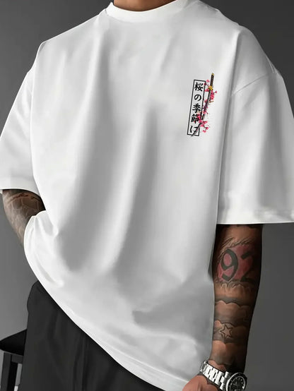 American-style Men Summer Loose T-shirt Suitable for Daily Wear Cherry Blossom and Samurai Sword Patterns  100% Pure Cotton