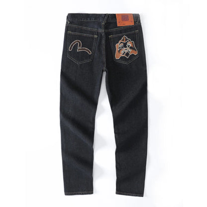 Men's Japanese Handmade Embroidered Cotton Jeans Straight Tube Slim Fit Hip-Hop Trousers Red Ear Detail Devil Big M Golden Text