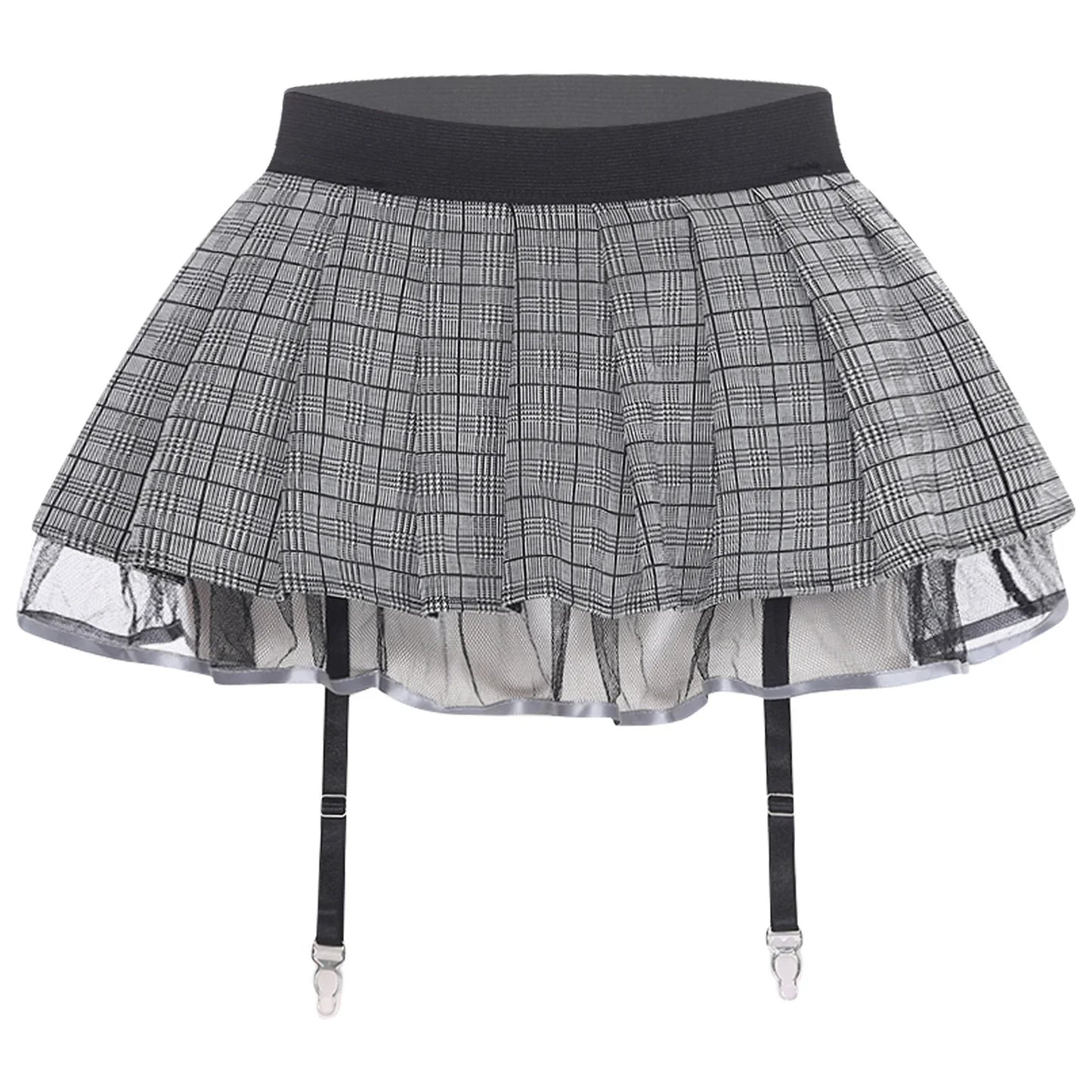 Women's Miniskirt with Garters Schoolgirl Cosplay Costume Plaid Layer with Tulle Lining Elastic Waistband Short Skirt Clubwear