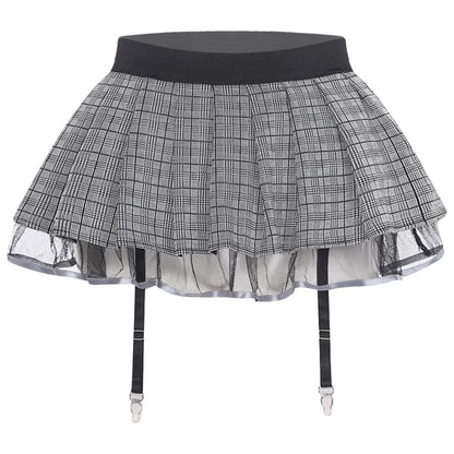 Women's Miniskirt with Garters Schoolgirl Cosplay Costume Plaid Layer with Tulle Lining Elastic Waistband Short Skirt Clubwear