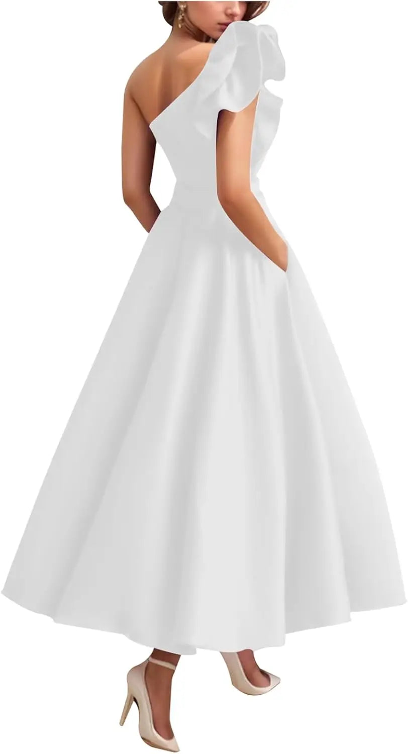 Women's One Shoulder Elegant Evening Dress with Pockets Satin Tea Length A Line Formal Wedding Guest Dress Prom Dresses