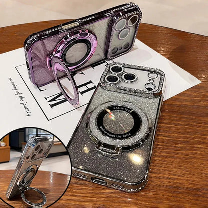 Plating transparent diamond glitter magnetic phone case for iPhone 17 16 13 14 15 Pro Max lens protection bracket back cover