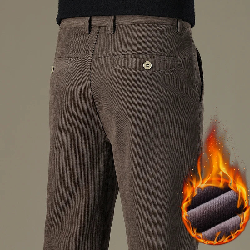 Winter Men Business Fleece Thick Casual Pants Straight Velvet Corduroy Warm Cold Resistant Bottoms Elastic Waist Trousers