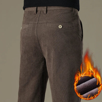 Winter Men Business Fleece Thick Casual Pants Straight Velvet Corduroy Warm Cold Resistant Bottoms Elastic Waist Trousers