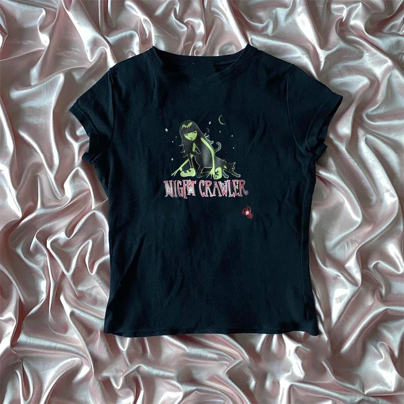 Aesthetic Y2k Crop Top Women Sexy Letter Print Graphics Baby Tee Goth Casual Short Sleeve Tshirt Punk Streetwear Slim