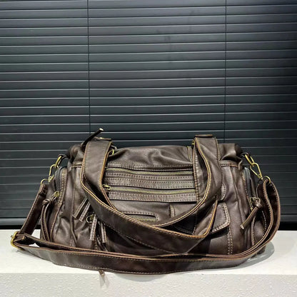 Y2K Hot Girl Single Shoulder Crossbody Bag Vintage Washed Leather Motorcycle Bag Large Capacity Multi Pocket Bag