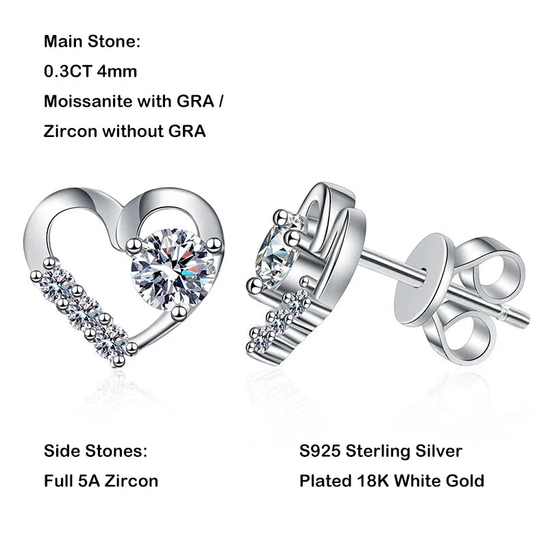 New In 0.3CT 4mm D Color Moissanite Stud Earrings For Women Party 925 Sterling Silver Pass Diamond Test Heart Shape Earring