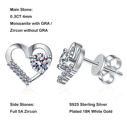 New In 0.3CT 4mm D Color Moissanite Stud Earrings For Women Party 925 Sterling Silver Pass Diamond Test Heart Shape Earring