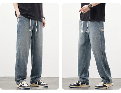 Brand Clothing High Quality Starry Sky Texture Fabric Men's Jeans Loose Straight Denim Pants Elastic Waist Drawstring Trousers