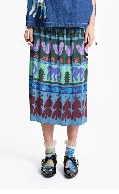A-line Skirt 2026 Spring New Elastic Waist Colorful Floral Print Pleated Commuter Retro Style Skirt For Women 3ELC20607