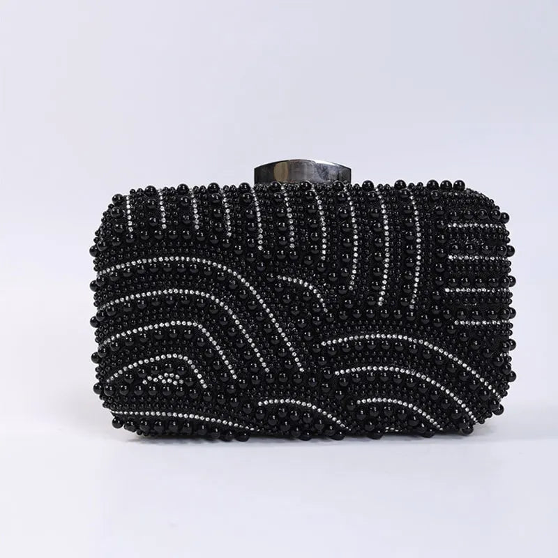 Ladies Pearl Elegant Evening Bag Fashionable Stylish Beading Wedding Dinner Party Banquet  Dress Clutch Bag with Long Chain