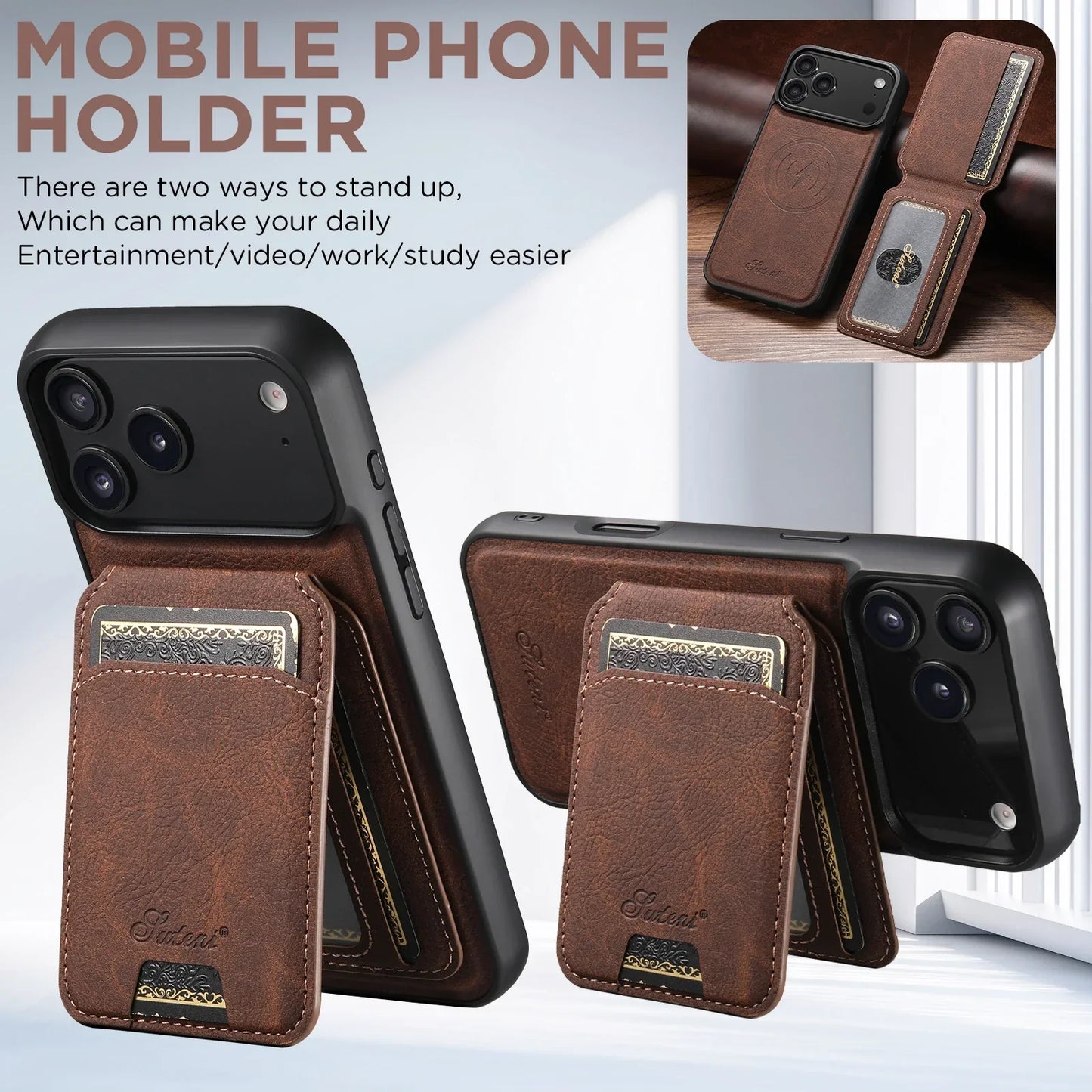 Wireless Charging Phone Case Magnet Card Holder Stand Faux Leather For iPhone 17 Pro Max 16 Plus 15 14 13 12