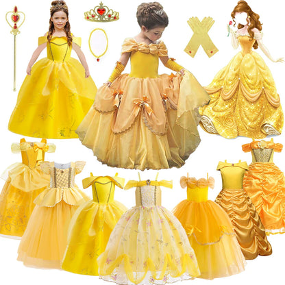 Fancy Girls Belle Halloween Costumes Carnival Cosplay Cartoon Christmas Beauty Party Princess Dress Tulle Birthday Kids Clothing