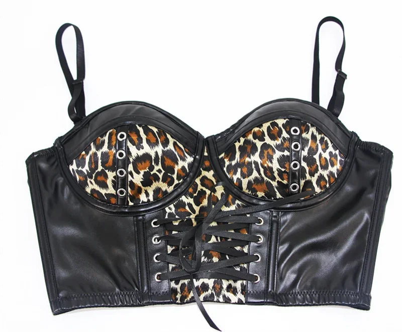 Women Corset Crop Top Gothic Black Leopard Faux Leather Push Up Overbust Corset Bustier Bra with Straps Fashion Streetwear