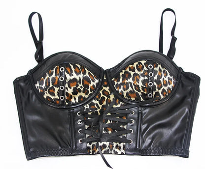 Women Corset Crop Top Gothic Black Leopard Faux Leather Push Up Overbust Corset Bustier Bra with Straps Fashion Streetwear
