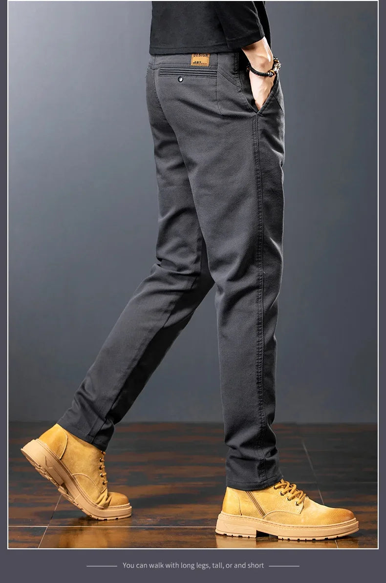 Men's Twill Slim Pants Business Straight Cotton Casual Trousers Brand Fashion Korean Elastic Coffee Black Gray Pant