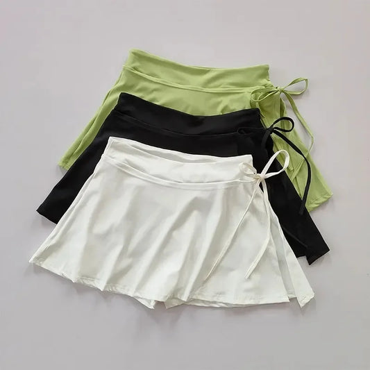Solid Patchwork Sports Casual Short Skirt Women Lace Up Slit Yoga Dance Mini Skirt Summer Fashions Badminton Tennis Skirt