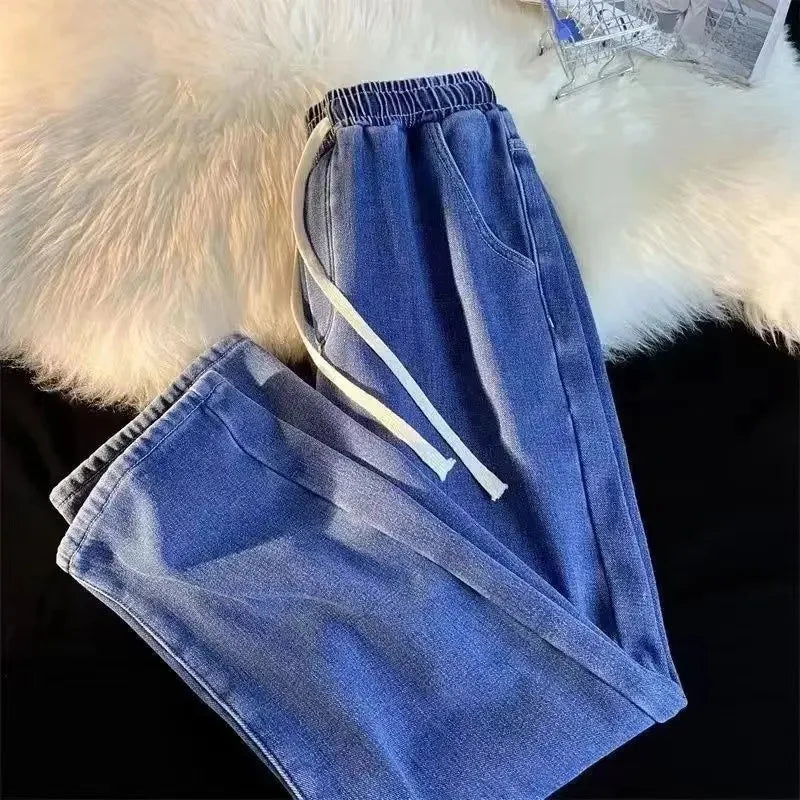 Loose Fit High Waist Elastic Waistband Summer Thin Denim Jeans Women Straight Leg Nine-Tenths Length Trendy American Street Styl