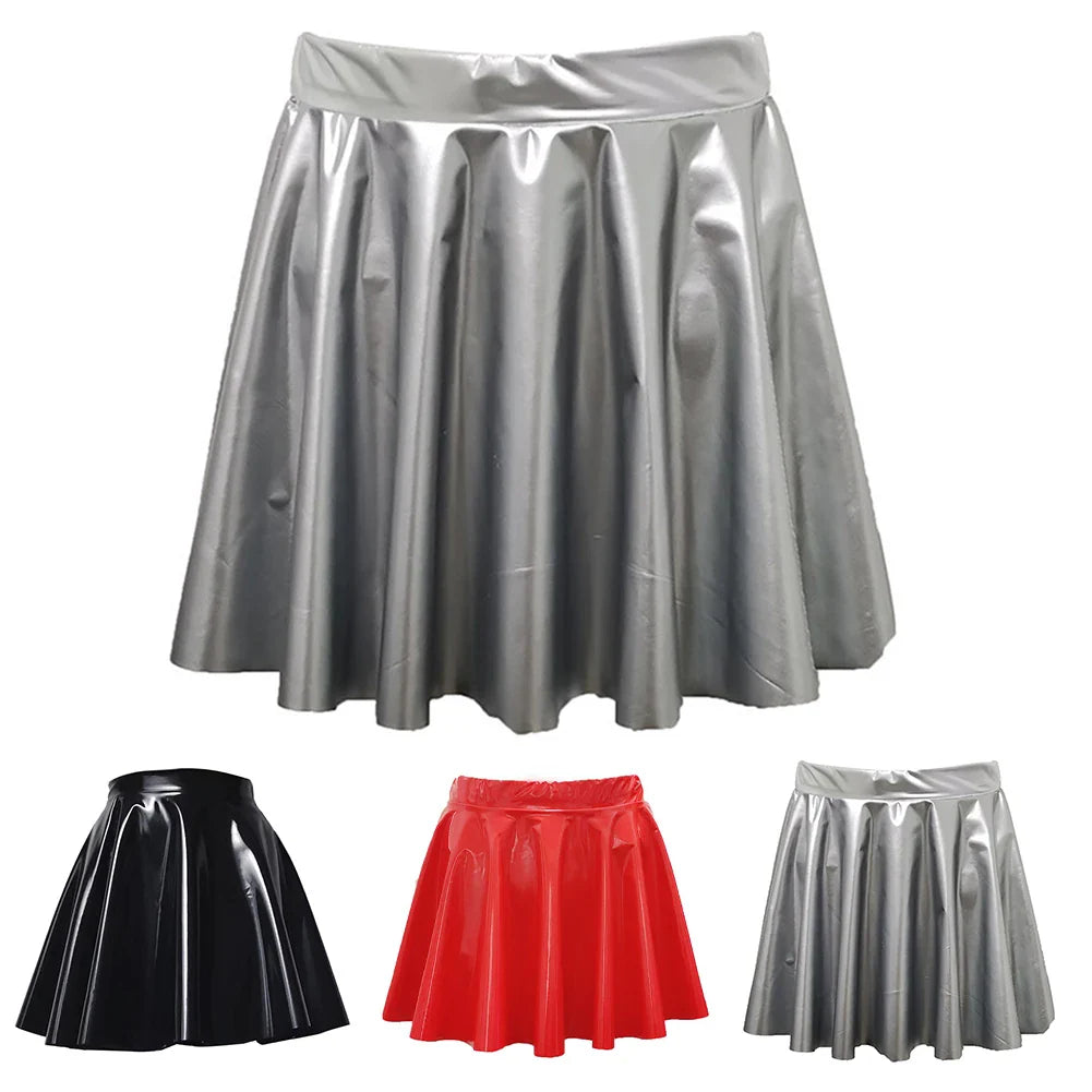 Women PVC Leather Skirt Pleated Short Skirt Flared A Line Skater Skirts Clubwear Dance Elastic Latex Mini Glossy Short Dress