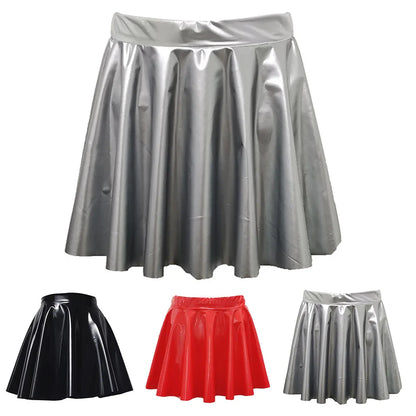 Women PVC Leather Skirt Pleated Short Skirt Flared A Line Skater Skirts Clubwear Dance Elastic Latex Mini Glossy Short Dress
