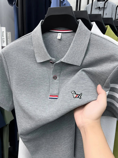 100% pure cotton short sleeve high-end brand cartoon dog embossed men's T-shirt summer new Korean casual breathable polo shirt