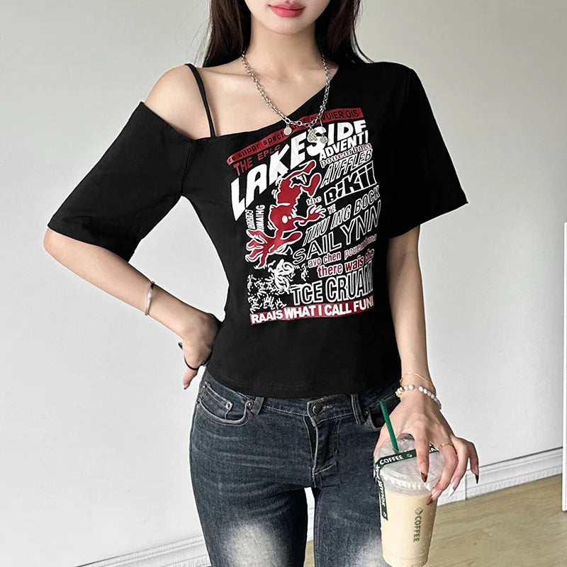Tee Y2k Letter Print Off Shoulder Punk T-shirts Women Harajuku Summer Streetwear Grunge T Shirt Aesthetic Sexy Crop Tops