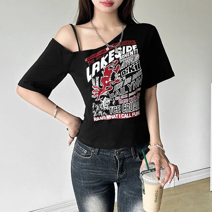 Tee Y2k Letter Print Off Shoulder Punk T-shirts Women Harajuku Summer Streetwear Grunge T Shirt Aesthetic Sexy Crop Tops