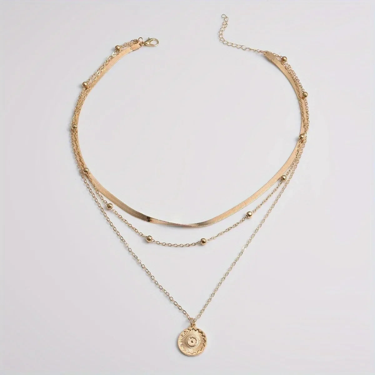 Multi-layer Chain Necklace Alloy Material Silvery Three-layer All-match Design Women's Snake Bone Chain with Round Bead Chain
